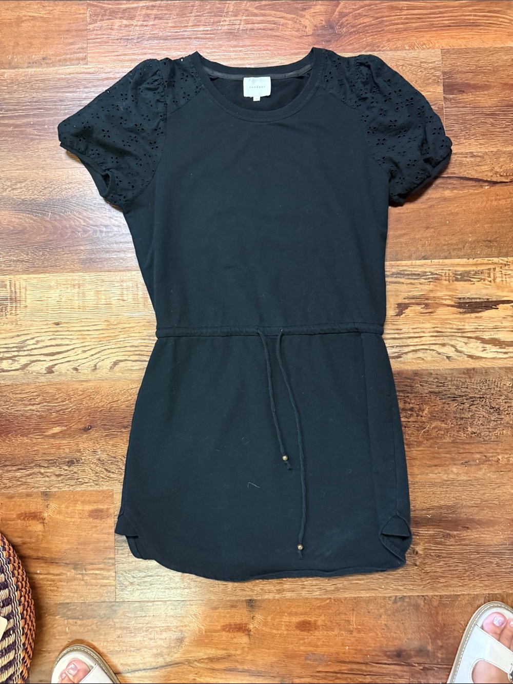 sundays Black Puff-Sleeve Drawstring Waist Mini Dress